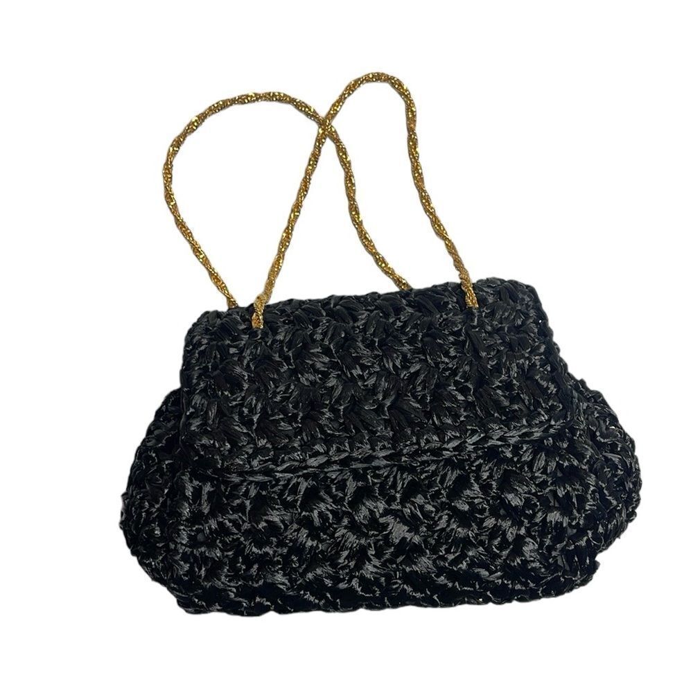 60s Vintage Bloomingdales black raffia purse evening handbag with gold straps
